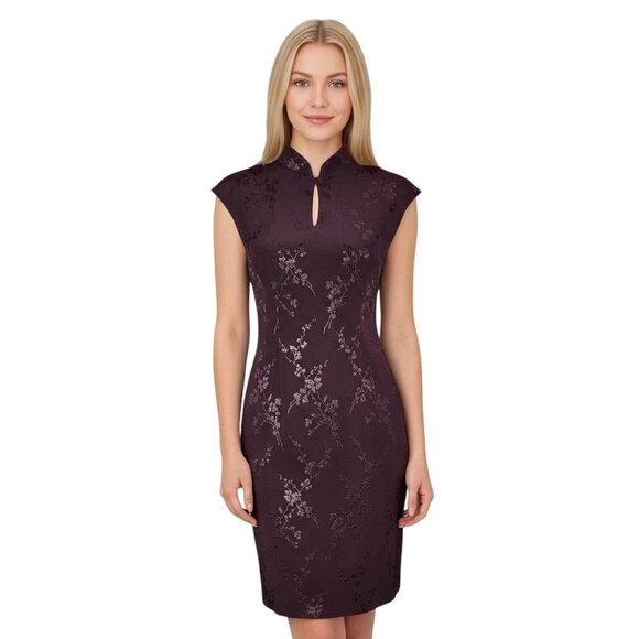 VTG Tessuto Cheongsam Mini Dress Sz 6 Dark Purple Slits Asian Mandarin Floral - Picture 1 of 14